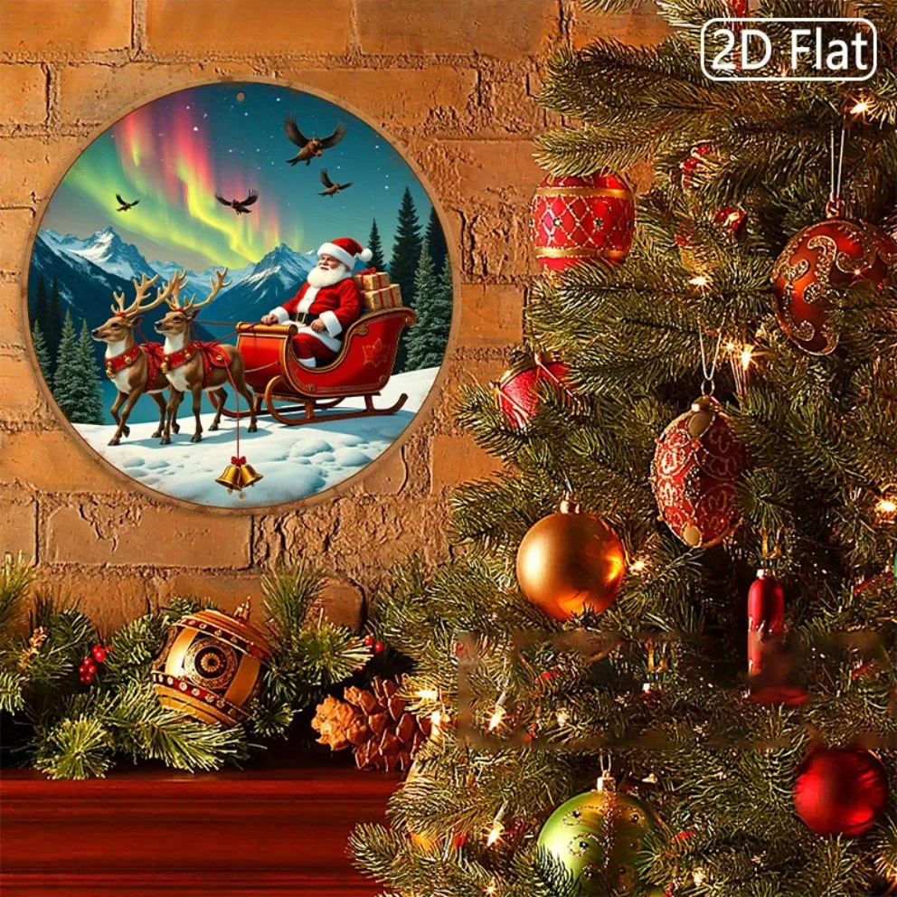 لافتة معدنية على شكل سانتا غريب الأطوار - لوحة فنية جدارية مستديرة من الألومنيوم مع مشهد غزال جبلي، ديكور عيد الميلاد قابل لإعادة الاستخدام للمطبخ المنزلي #2