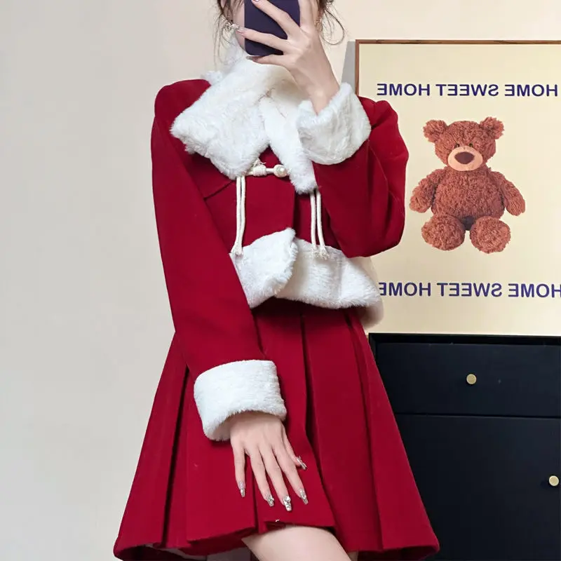 Merry Christmas Red Dress Suit For New Year  Women's Red Skirt Costume Dress, Plush And Thickened Coat Girls Christmas Red Suit