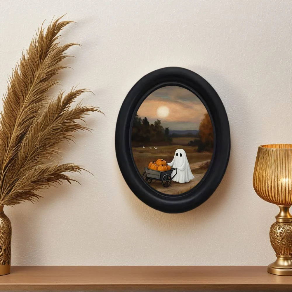 1 Piece 3D Ghost Pushing Cart Delivering Pumpkin Wall Art - Wooden Decoration (5.25 * 4.16inch), Oval Country Art, Oval Wall Decoration, Handmade Photo Transfer, Halloween Decoration, Christmas Decoration, Thanksgiving Decoration