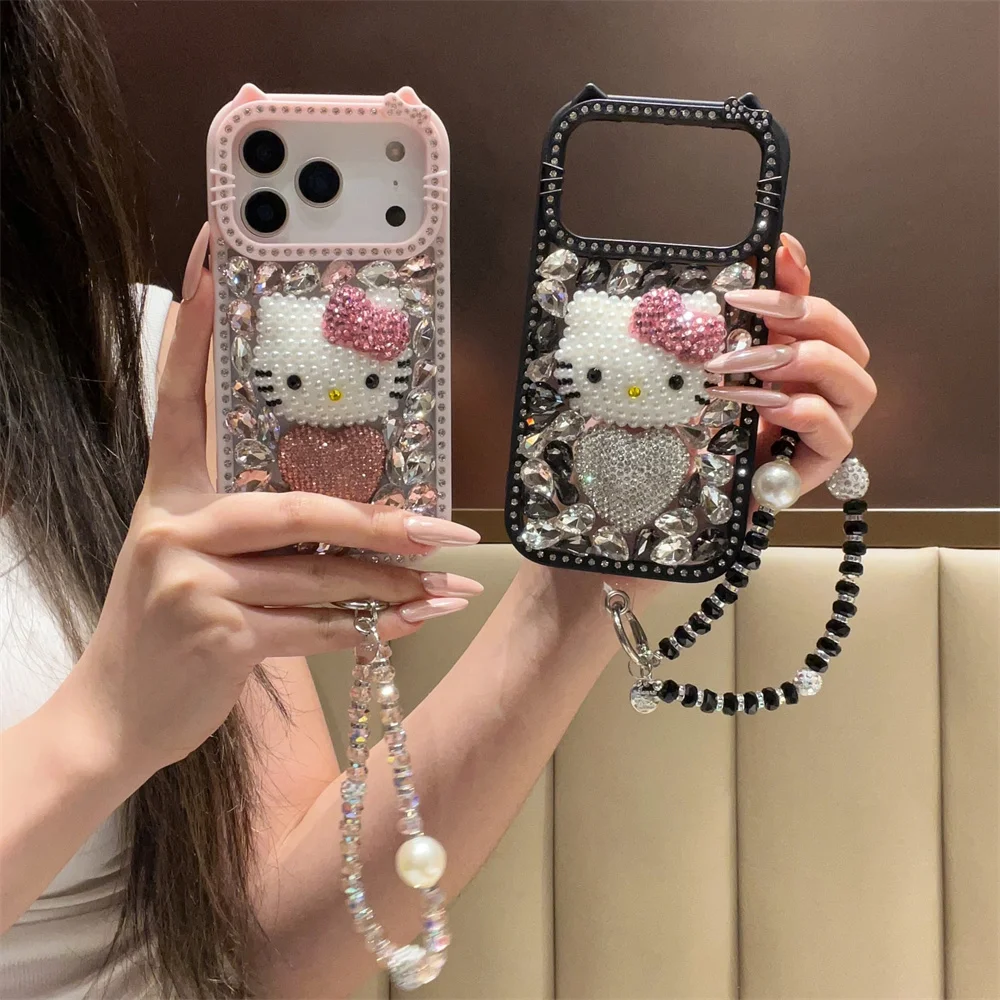 

Luxury Flash drill Hellokitty pearl phone case for iPhone 14 15 16 17 Pro Max 13 17 cover cute cat ears with hinged cute Fundas
