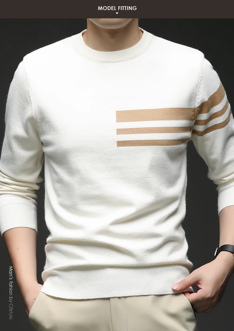 

2025 Новый мужской полосатый свитер из чистой шерсти на весну и осень. Простой и повседневный вязаный базовый свитер. Свитер с круглым вырезом.