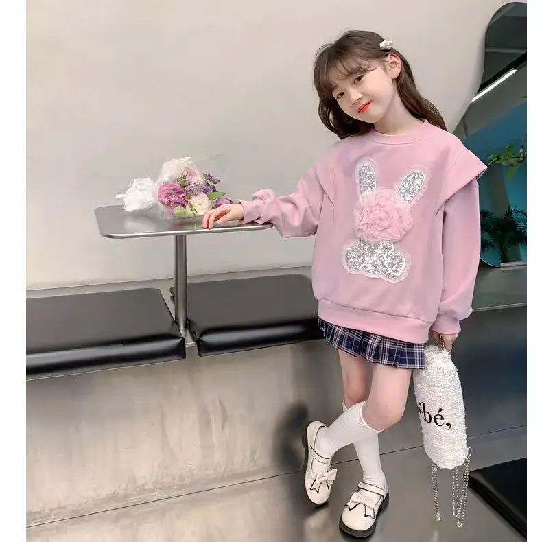 Children Clothing Cute Girls Bunny Fleece Lined Hoodie Pink Long Sleeve Fashion Trending for Girls Autumn Winter Outfit Apparel