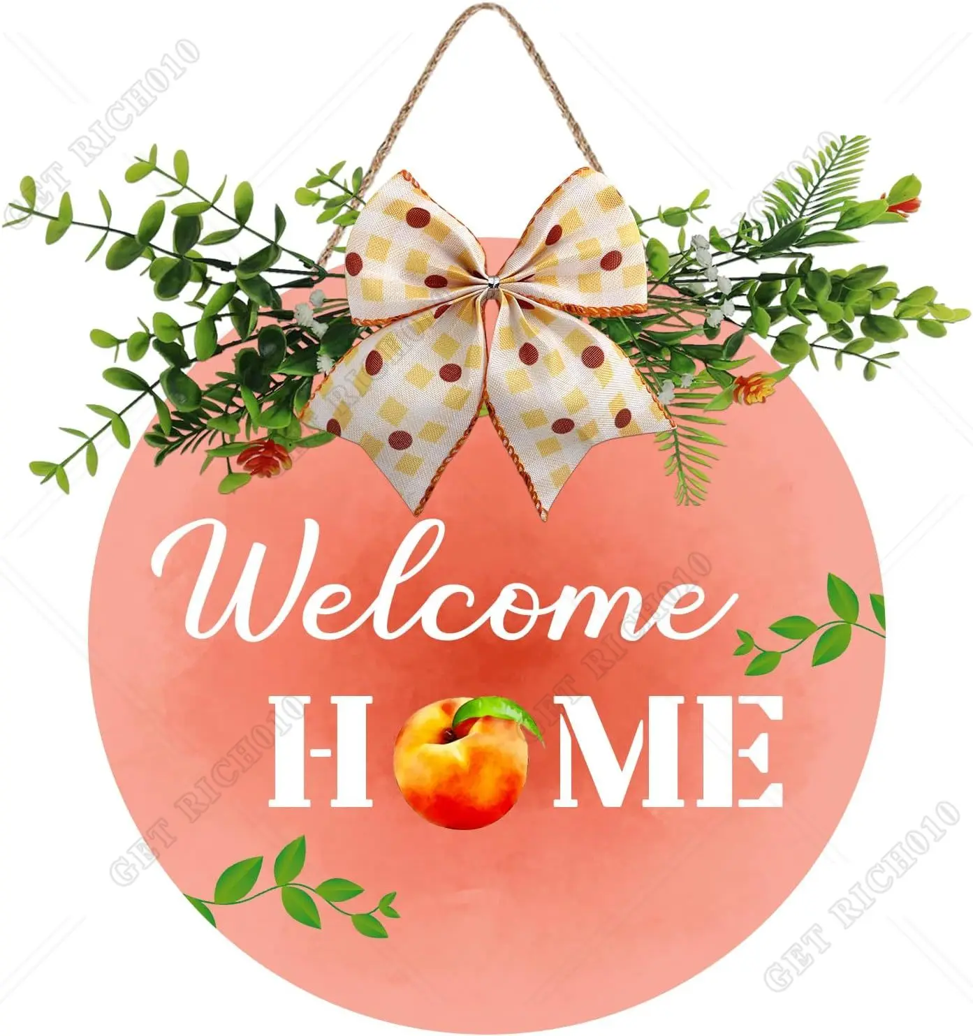 

Peach Welcome Sign Front Door Decor Round Wooden Hanging Sign for Outdoor Porch Indoor Farmhouse Front Door Decor 12x12inch