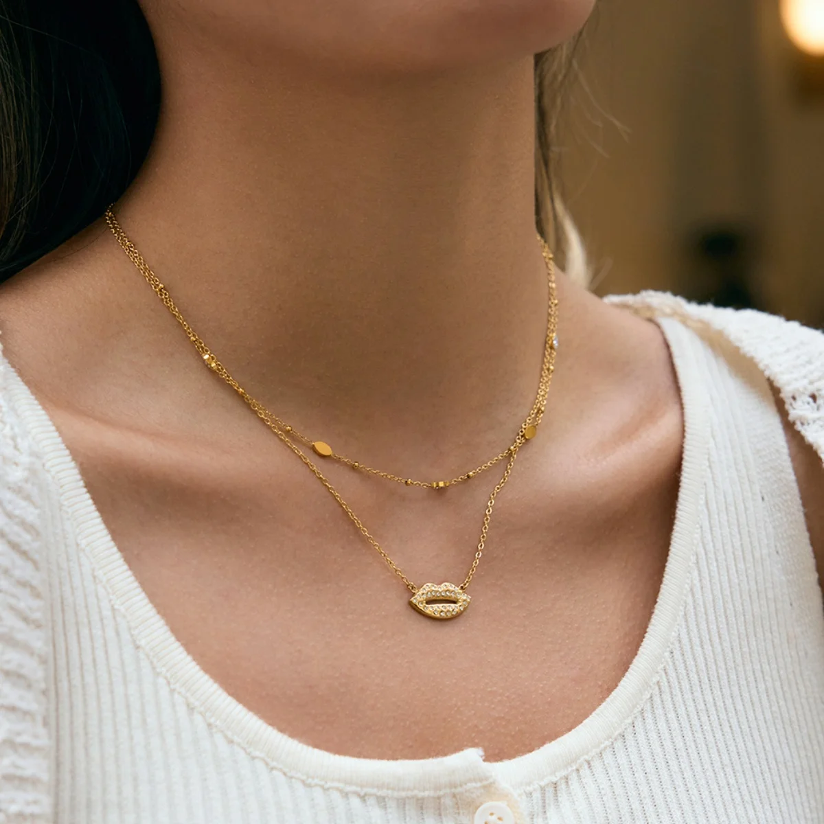 Zora Classic Trendy Inlay WHite Zircon Lipstick-Shape Pendant Necklace Waterproof 18K Gold Plated Stainless Steel Women Jewelry