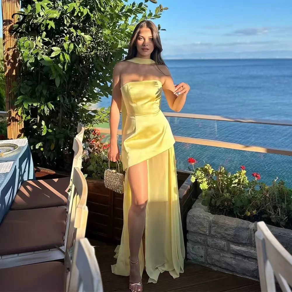 

Zoci Customized Yellow Satin Chiffon Evening Gowns Women's Formal Party Prom Dress High Slit Saudi Arabic Long Birthday Dress