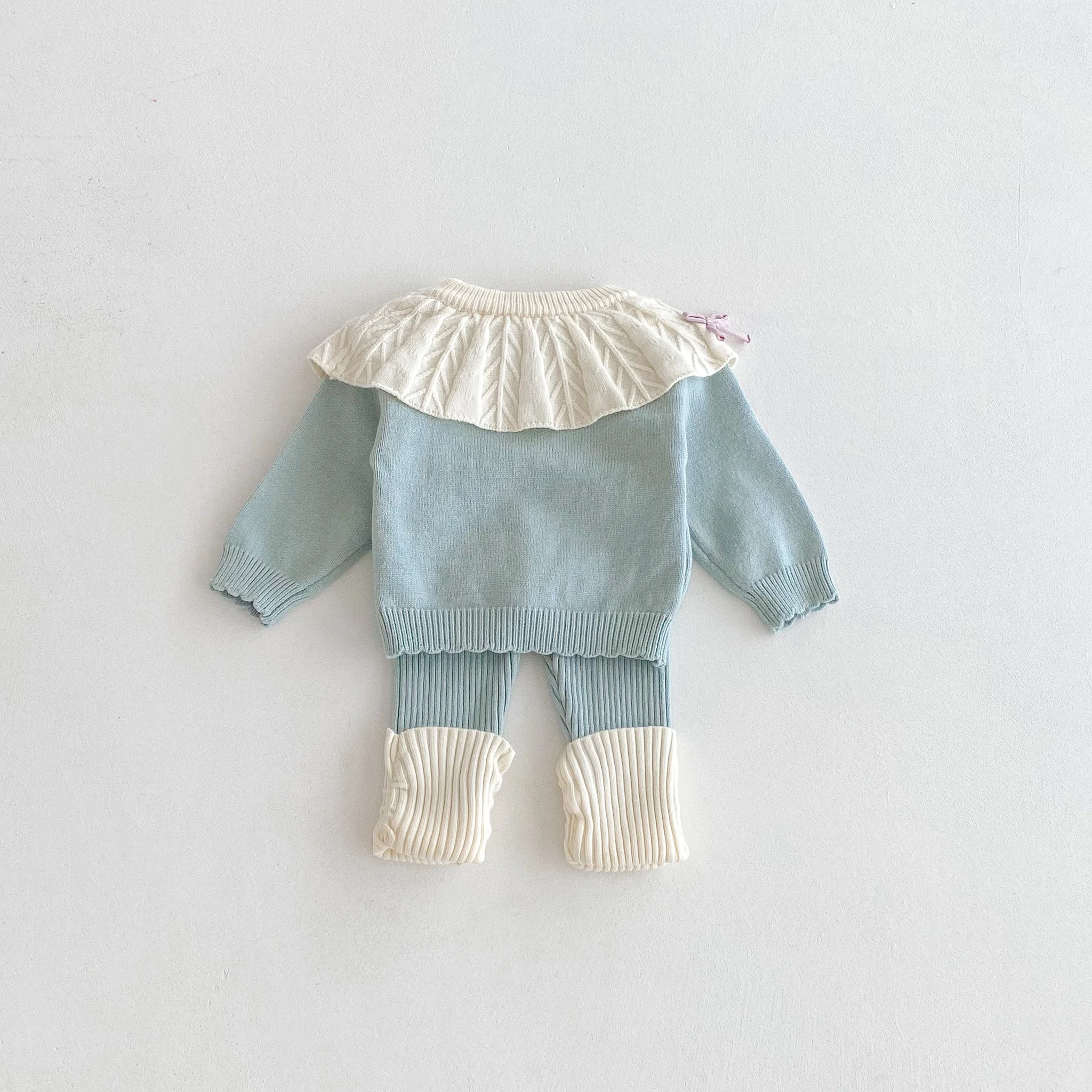 Neues Herbst-Winter-Strickset im koreanischen Stil für Mädchen: Puppenkragen, Oberteil mit Schleife und passenden Leggings, zweiteiliges Outfit – Detail 3
