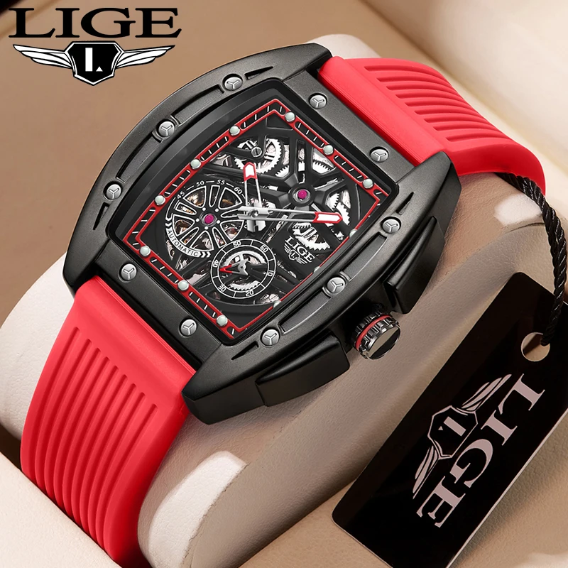 

LIGE Top Brand Luxury Man Watches Business Square Silicone Strap Fashion Hollow Luminous 50M Waterproof Mechanical Watch for Men