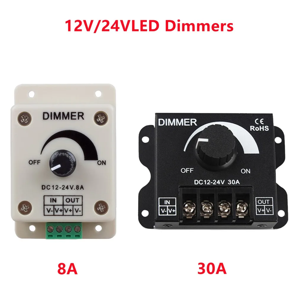 Adjustable Brightness Driver DC Voltage Regulator 8A/30A Power Supply Adjustable Speed Controller LED Dimmer Switch 12V/24V