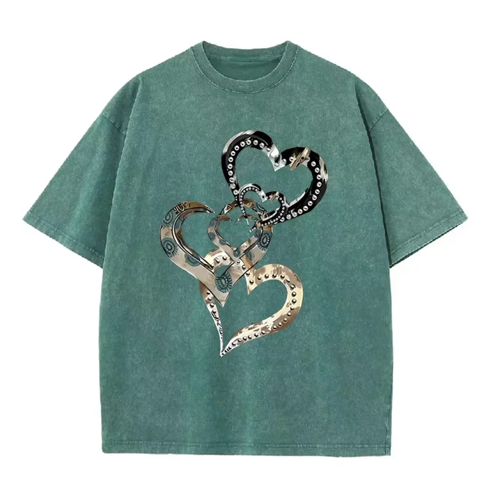 Y2K Punk 3D Chrome Heart Print Vintage Distressed Washed Tee Rivet Detail Loose Fit Short Sleeve T Shirts