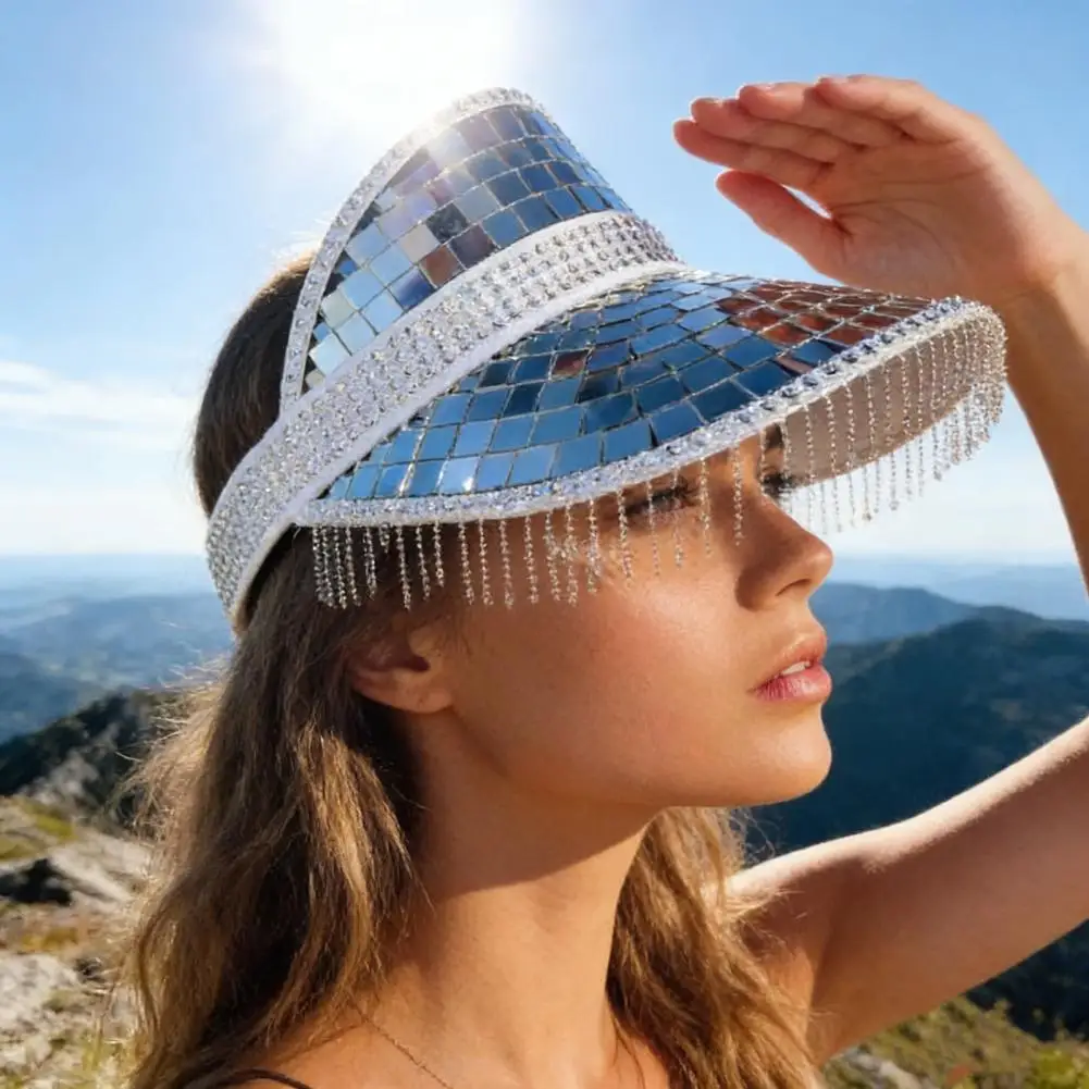 Sun Hat Reflective Mirror Design Sun Cap Summer Anti-UV Hat with Tassels Hiking Traveling Parties Breathable Hat