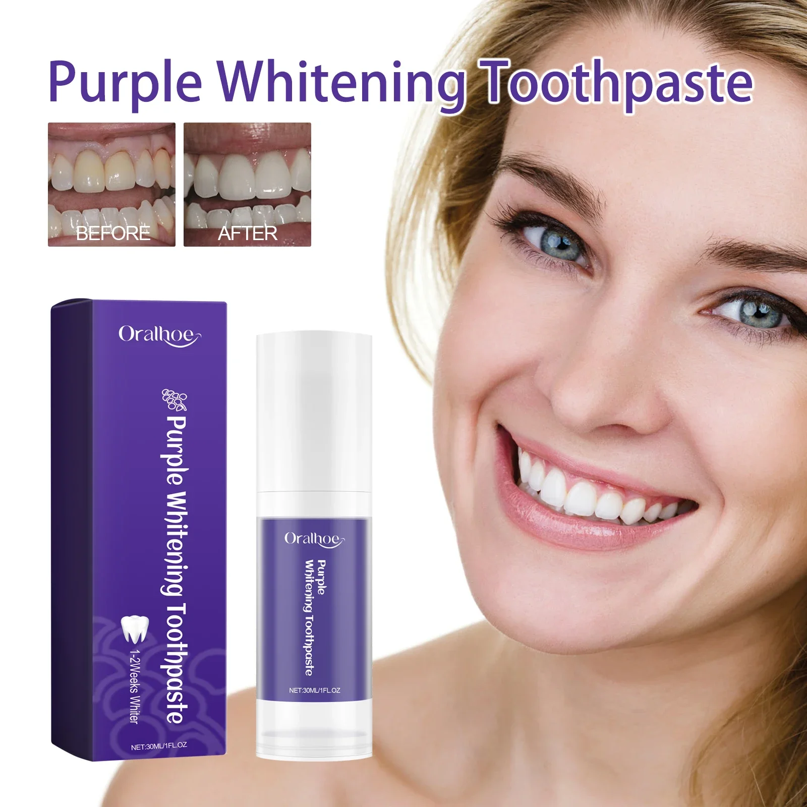 

Purple Whitening Toothpaste Freshens The Mouth Removes Breath Effectively Removes Yellow Teeth, Cleansing Oral Care Product 30ml