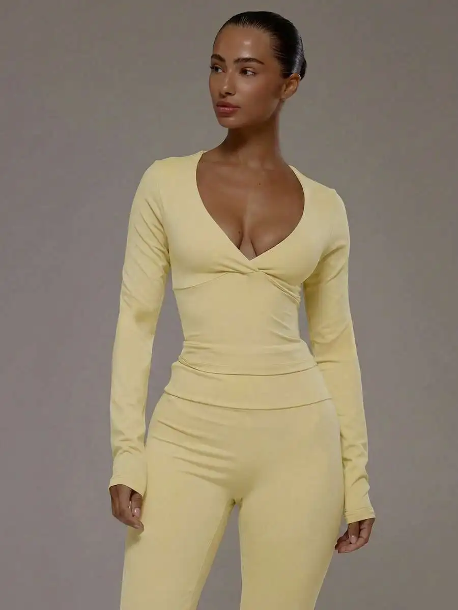 

Wrap Front V-Neck Long Sleeve Active Top For Workout Gym Pilates Fitness Casual