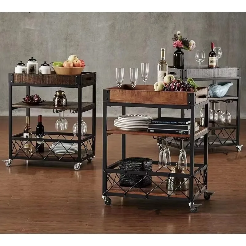 European Style Solid Wood Iron Wine Cart Kitchen Storage Cart Mobile Home Multifunctional Dining Car