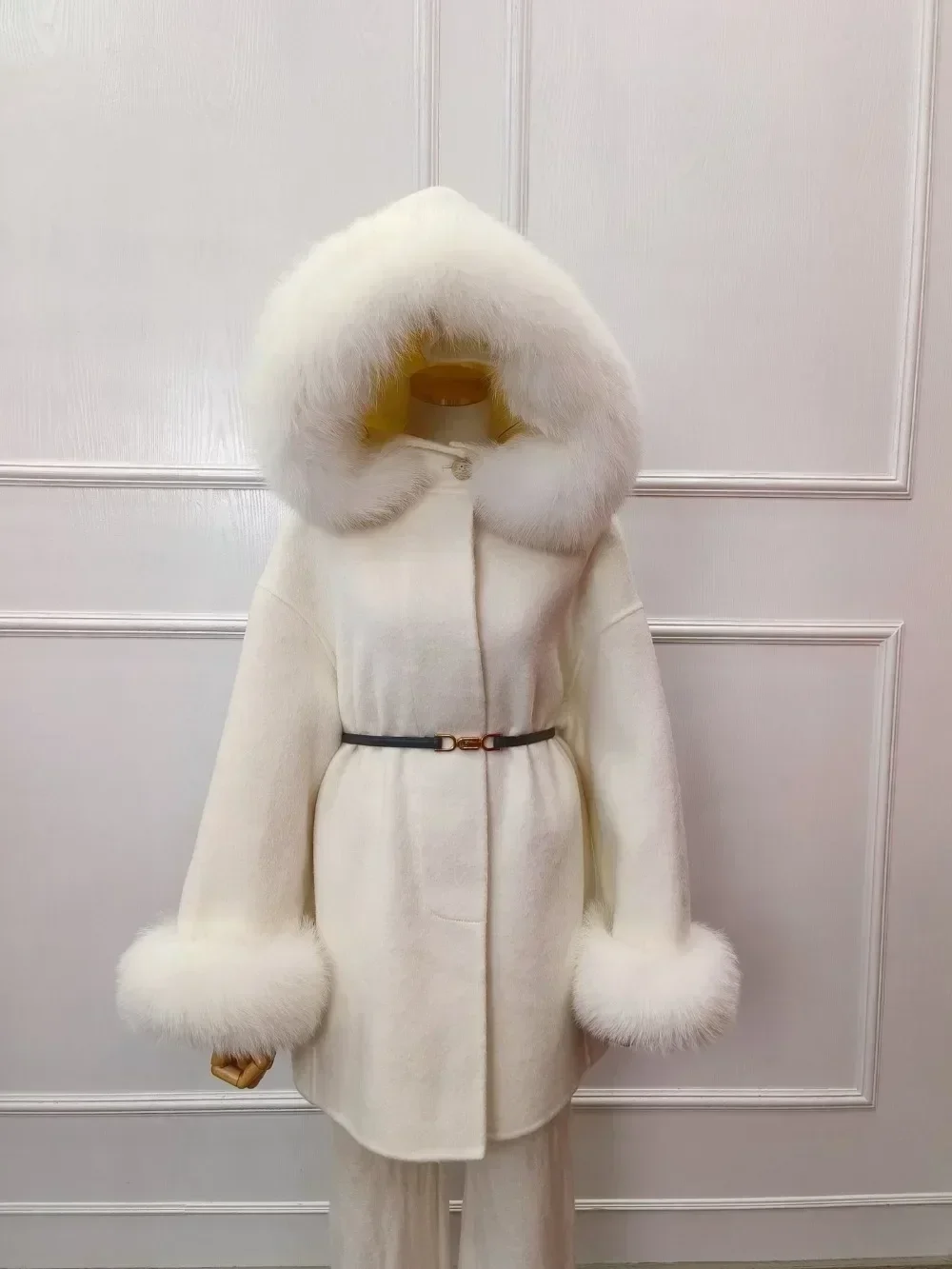 

Natural Fur Cashmere Woolen Jacket Women 2025 New Autumn Winter Female Med-length Wool Coat Warm Simple Real Fox Fur Jacket Lady