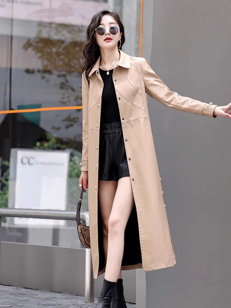 New Women Long Leather Coat Spring Autumn Fashion Turn-down Collar Single Breasted Slim Trench Coat Split Leather Overcoat