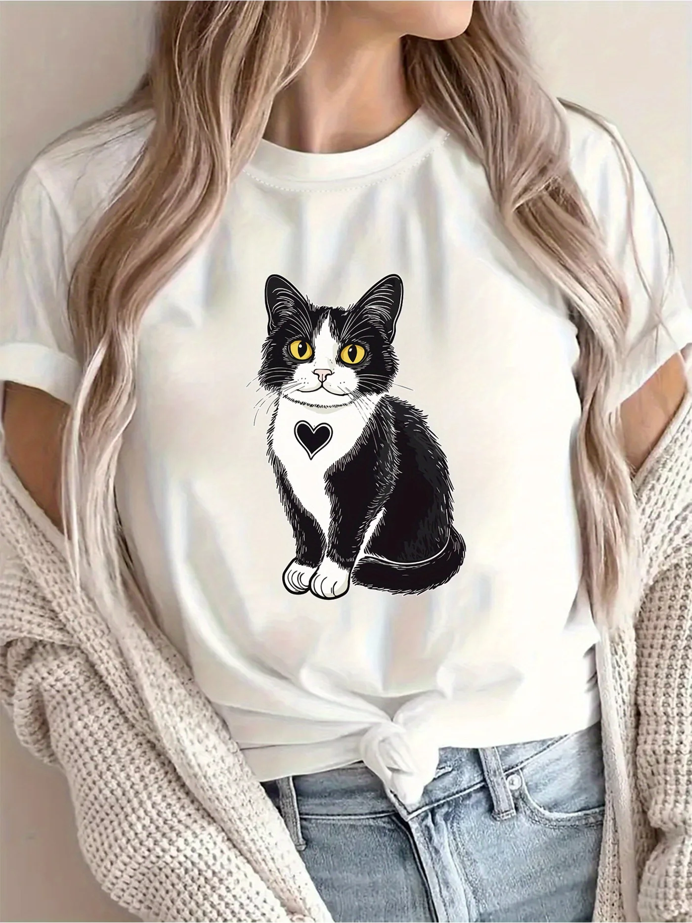 المرأة السوداء تي شيرت لطيف القط القلب تصميم عارضة قصيرة الأكمام جولة الرقبة الربيع والصيف لعوب القط القط عشاق الرسم الأعلى #1