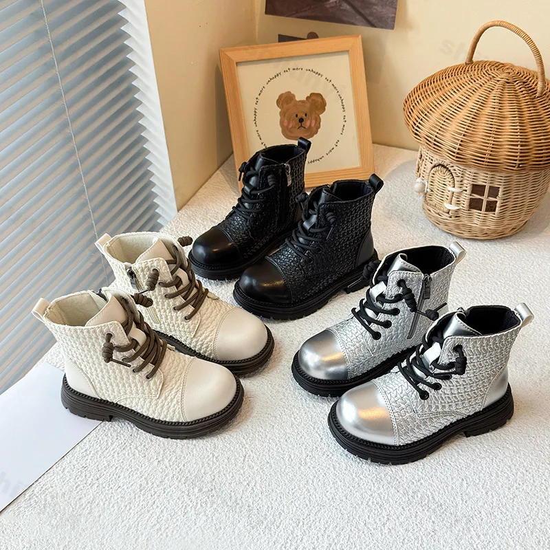 

Children's Woven Designed Fashion Trend Casual Shorts Boots 2025 Autumn New Girls' Comfortable Versatile Thick Soled Ankle Boots