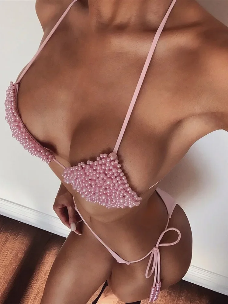 Sexy Halter Luxury Pearl Bikini Strój kąpielowy dla kobiet Dwuczęściowy zestaw bikini Mini Micro Bather Strój kąpielowy Swim Lady