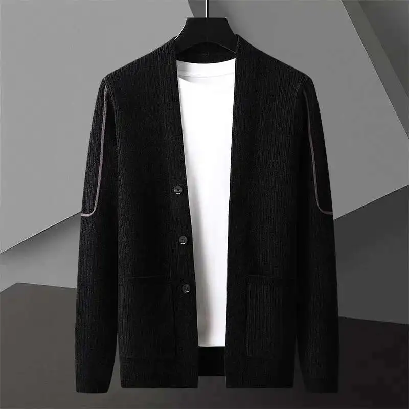 2024 Solid Color Men Sweaters Cardigan Jacket Men Black Knit Casual Loose Splicing Line Cardigan Coat Men Sweater Hombre Botones