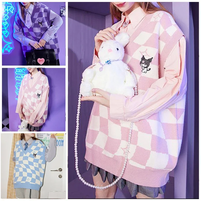 

Kawaii Kuromi вязаный жилет с v-образным вырезом Sanrio аниме японский консервативный осенний вязаный жилет с вышивкой студенческий тренд милая девушка милая мода