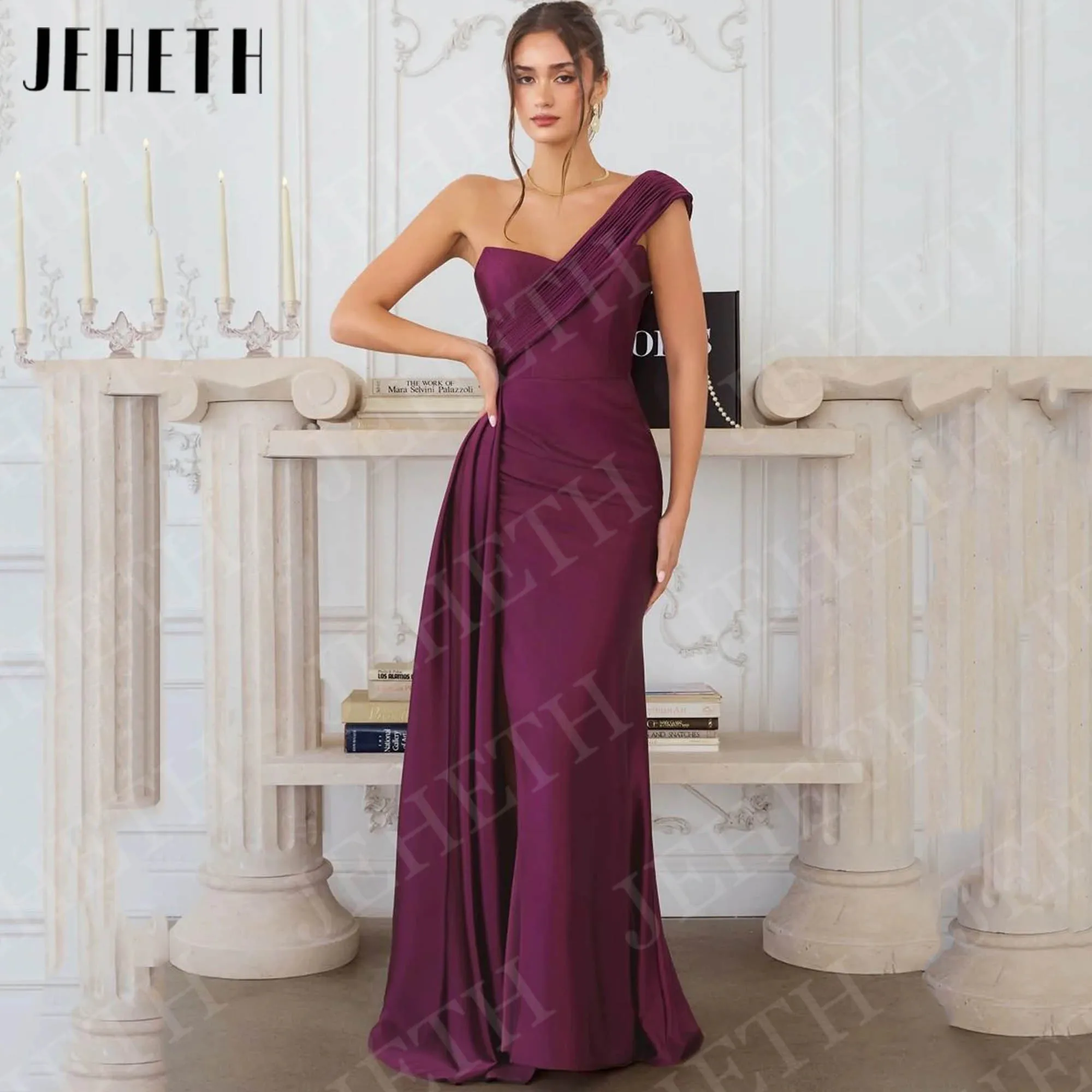 

JEHETH One Shoulder Evening Dress Long Formal Woman Elegant Mermaid Satin High Slit Wedding Guest Party Dresses Customized 2026