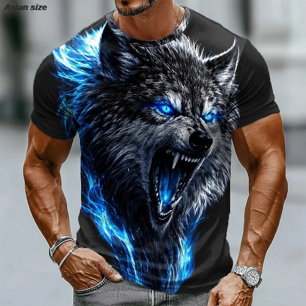 Blue Flame Angry Wolf 3D Print Men T‑Shirt Crew Neck Short Sleeve Animal Fashion Tops