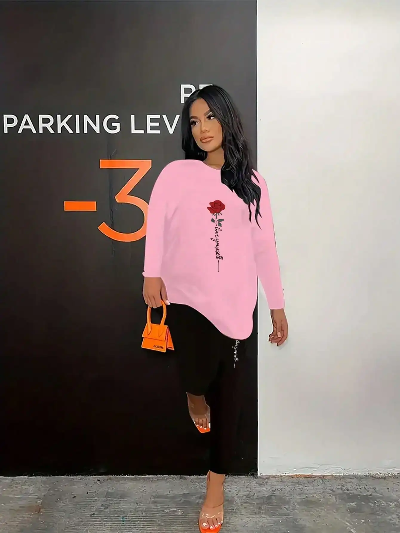 2026 Women's Casual Elegant Rose Printed Two Piece Solid Color Round Neck Long Sleeve T-shirt and Solid Color Printed Pants Set