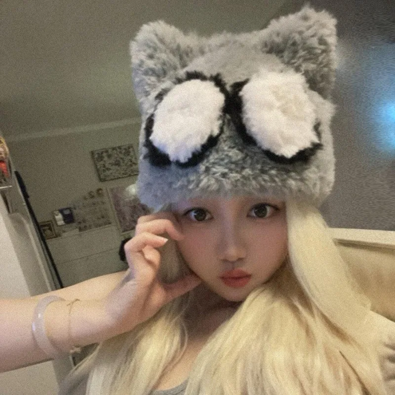 

Korean Version of Cute Cat Ear Pullover Skull Hat Women's Autumn and Winter Versatile Handmade Plush Knitted Ski Beanie Cap