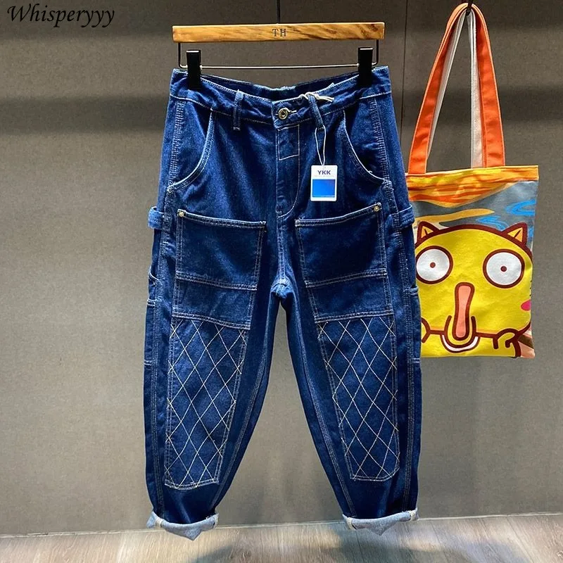 

Streetwear Workwear Jeans for Men Clothing Loose Straight-leg Harlen Pants Male Casual Pocket Vintage Patchwork Cowboy Trousers