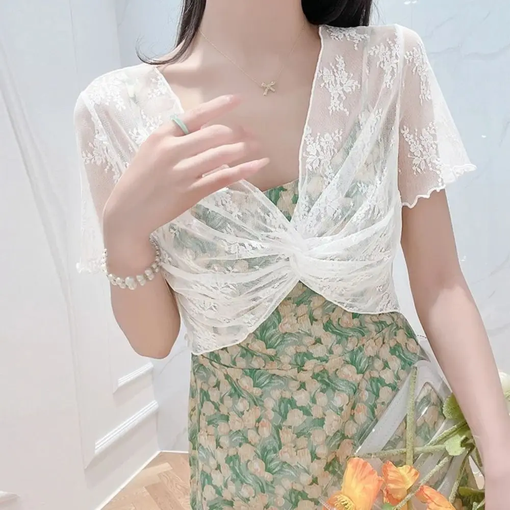 Lace Fabric Lace Shrug Top Short Length V Neck Cut Short Sleeve Cardigan Slim Fit Cut Short Sleeve V Neck Outer Cover