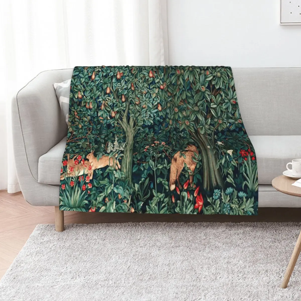 GREENERY, FOREST ANIMALS Fox and Hares Blue Green Floral Tapestry Throw Blanket Comforter Flannel Fabric wednesday Blankets