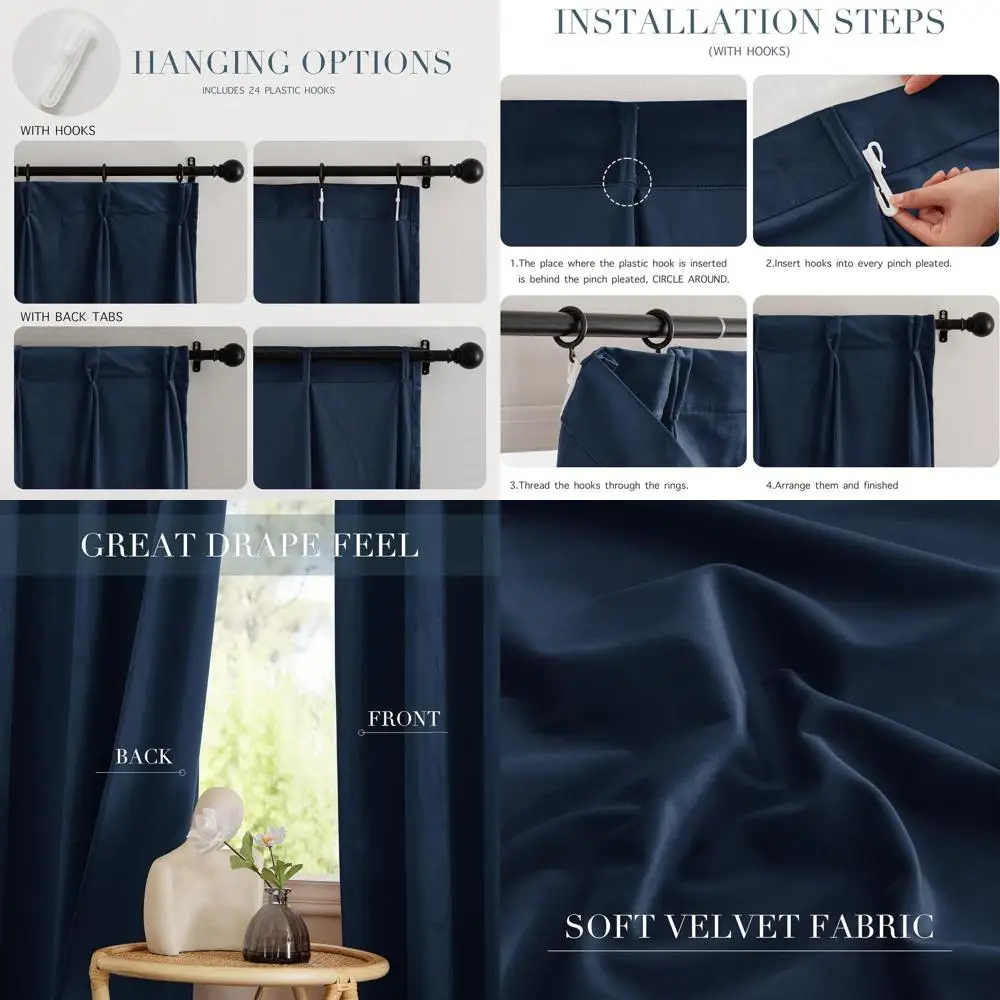 

Navy Blue Velvet Pinch Pleat Blackout Curtains for Sliding Glass Doors, Thermal Insulated, Noise Reducing, Privacy Drapes, 66x84