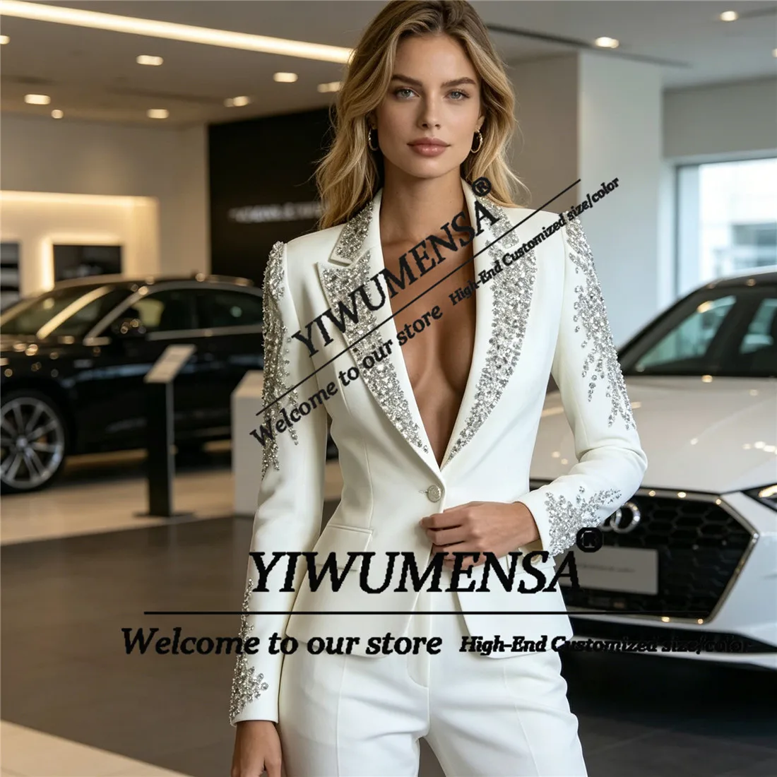 Luxury Women Suits 2 Pieces Sets Crystals Beading Prom Blazer Pants Customized Lady Business Party Tuxedos Formal Wear Outfits view 3