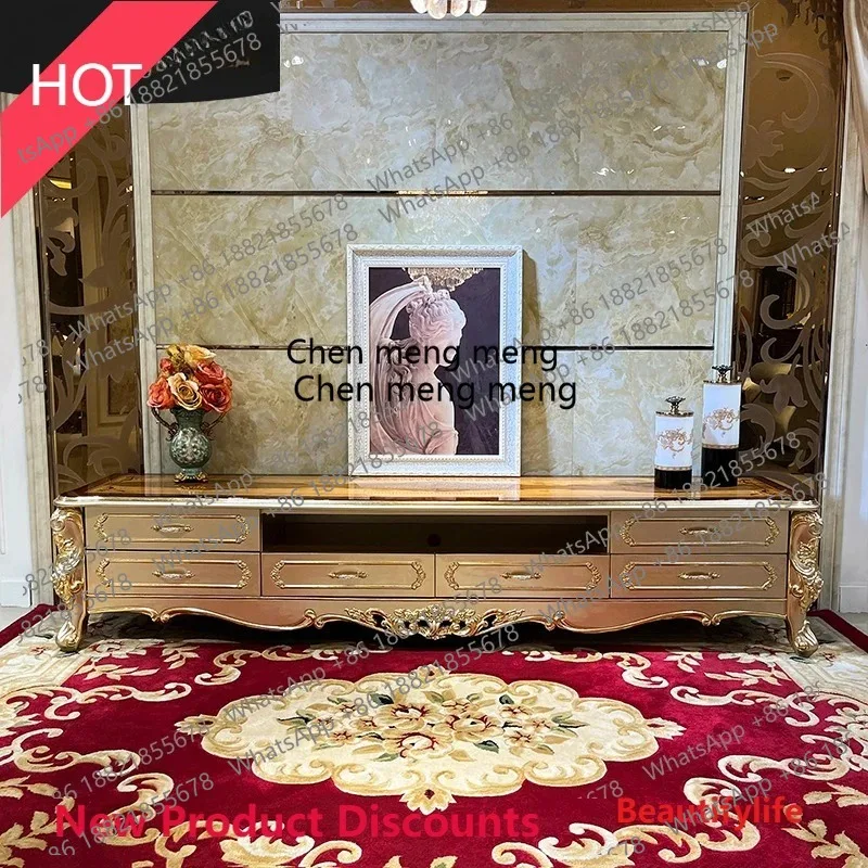 French solid wood TV cabinet European luxury carved classical living room background solid wood living room cabinet