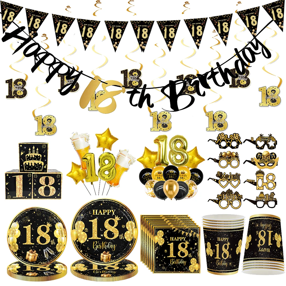 Vaisselle jetable pour fĂȘte d'anniversaire de garçons et de filles, dĂ©coration de fĂȘte, noir et or, 18 ans, anniversaire, fĂȘte d'anniversaire pour adultes, fournitures de fĂȘte