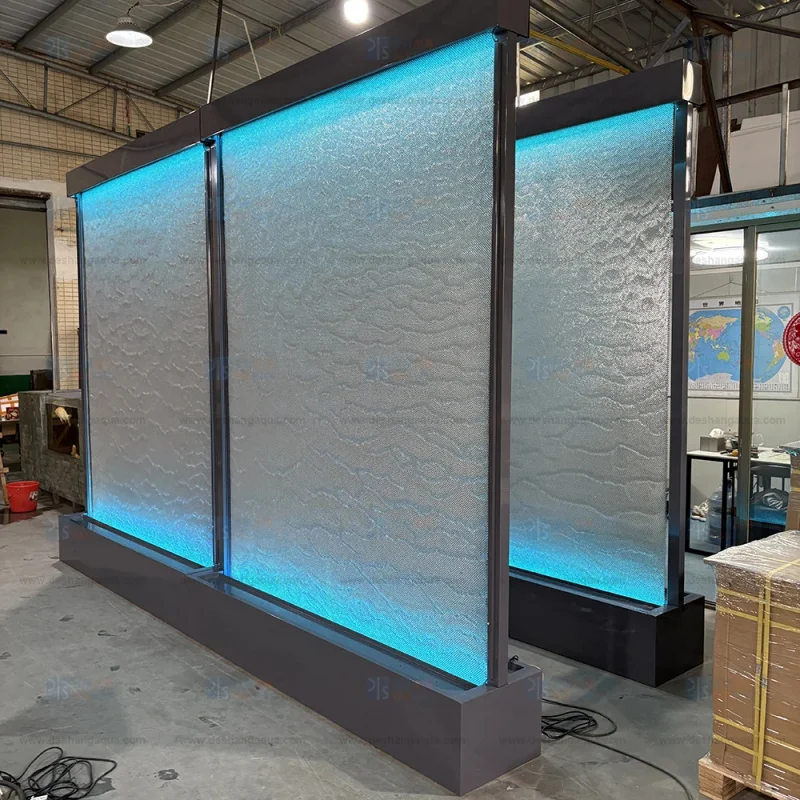 custom.Contemporary 304 Stainless Steel Mesh LED Waterfall Floor Standing Fountain Curtain with Colors Changing Design