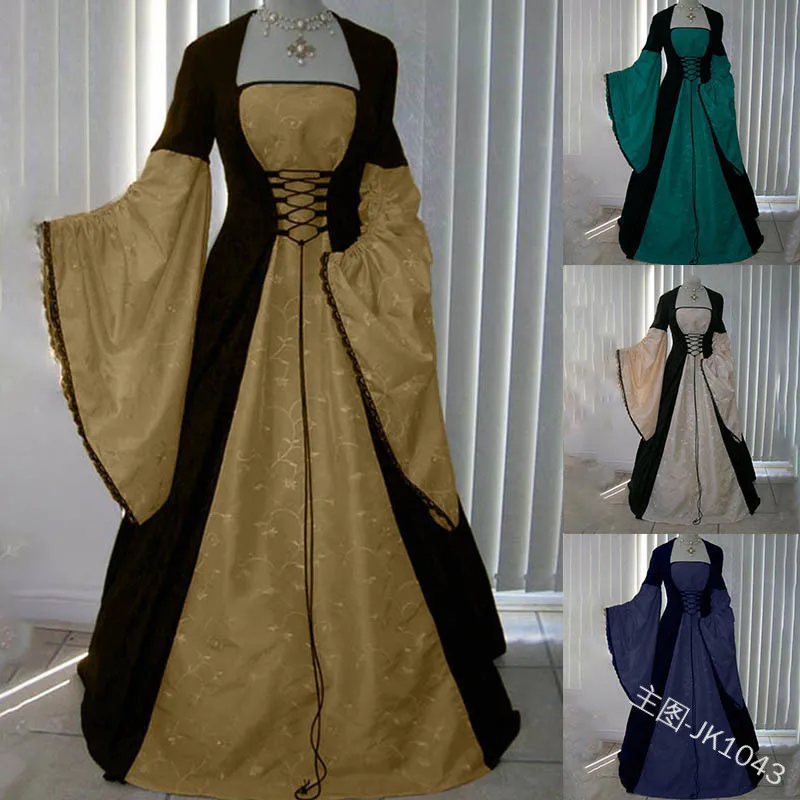 Cosplay Costume Retro Long Dress Medieval Color Matching Waistband Renaissance Long Dress