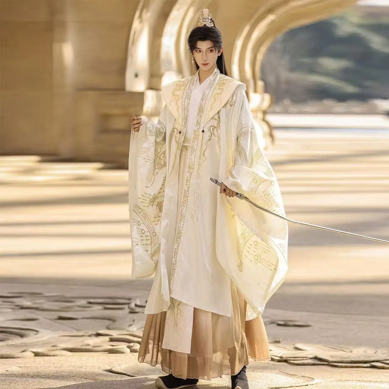 

Traditional Chinese Jacquard Clothing Carnival Event Wuxia Cosplay Costume Stage Palace Style Champagne Gold Hanfu Men Women