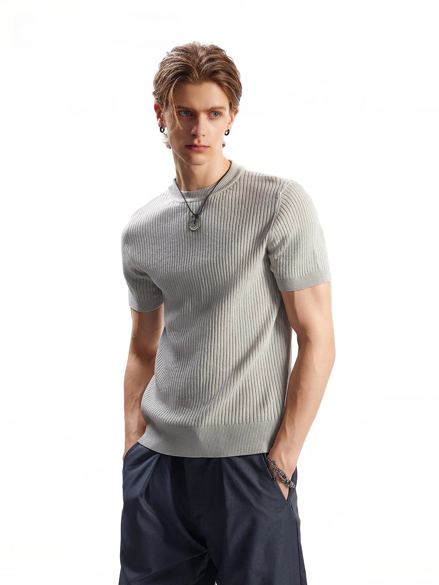 SDMADE American Casual Linen Short Sleeve Knitted T-shirt Men's Trendy Summer Breathable Short Style Upper Apparel