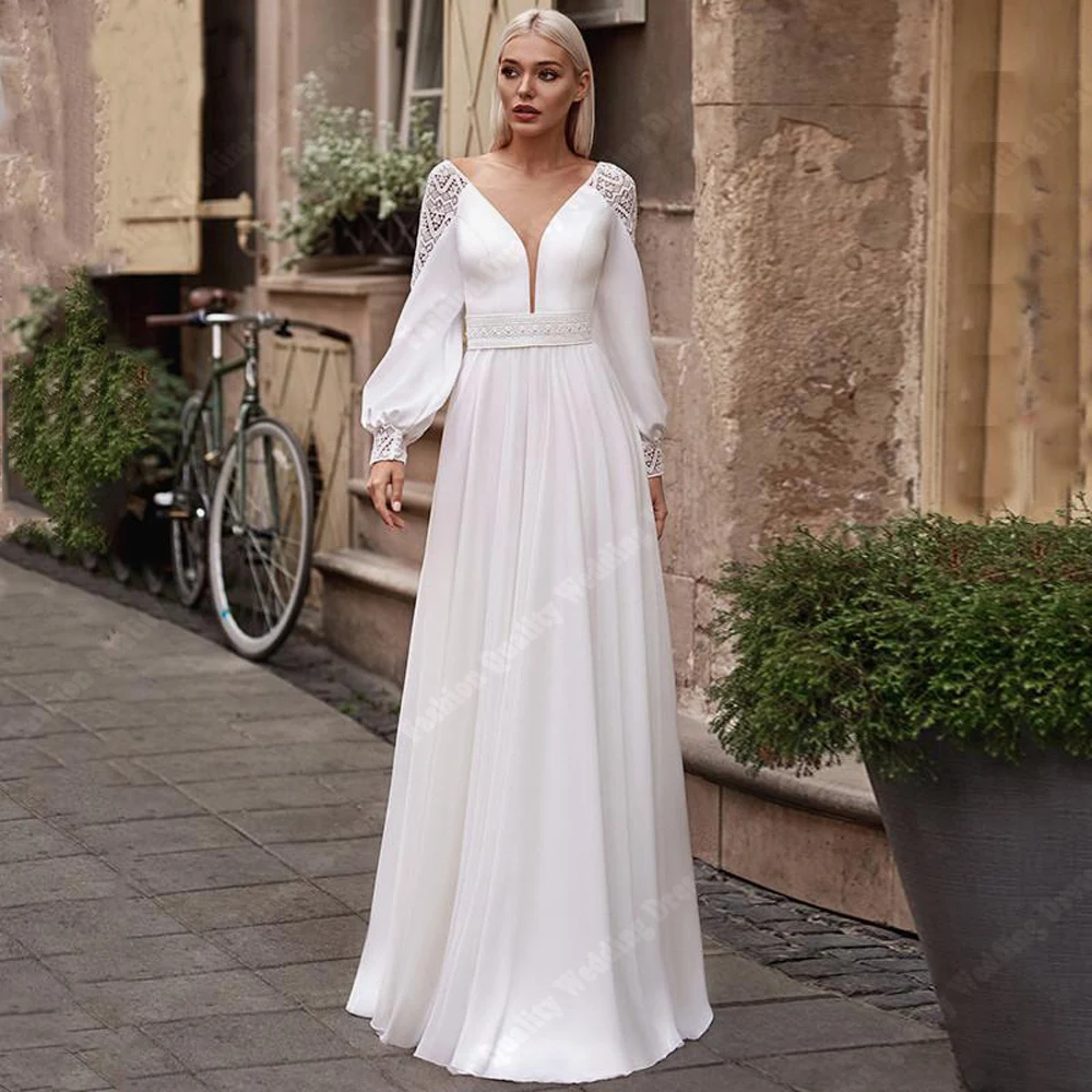 Robes de mariée élégantes à col en V pour femmes, ligne A classique, quelle que soit la dentelle, impression de fleurs, robes de princesse de mariage, 2025