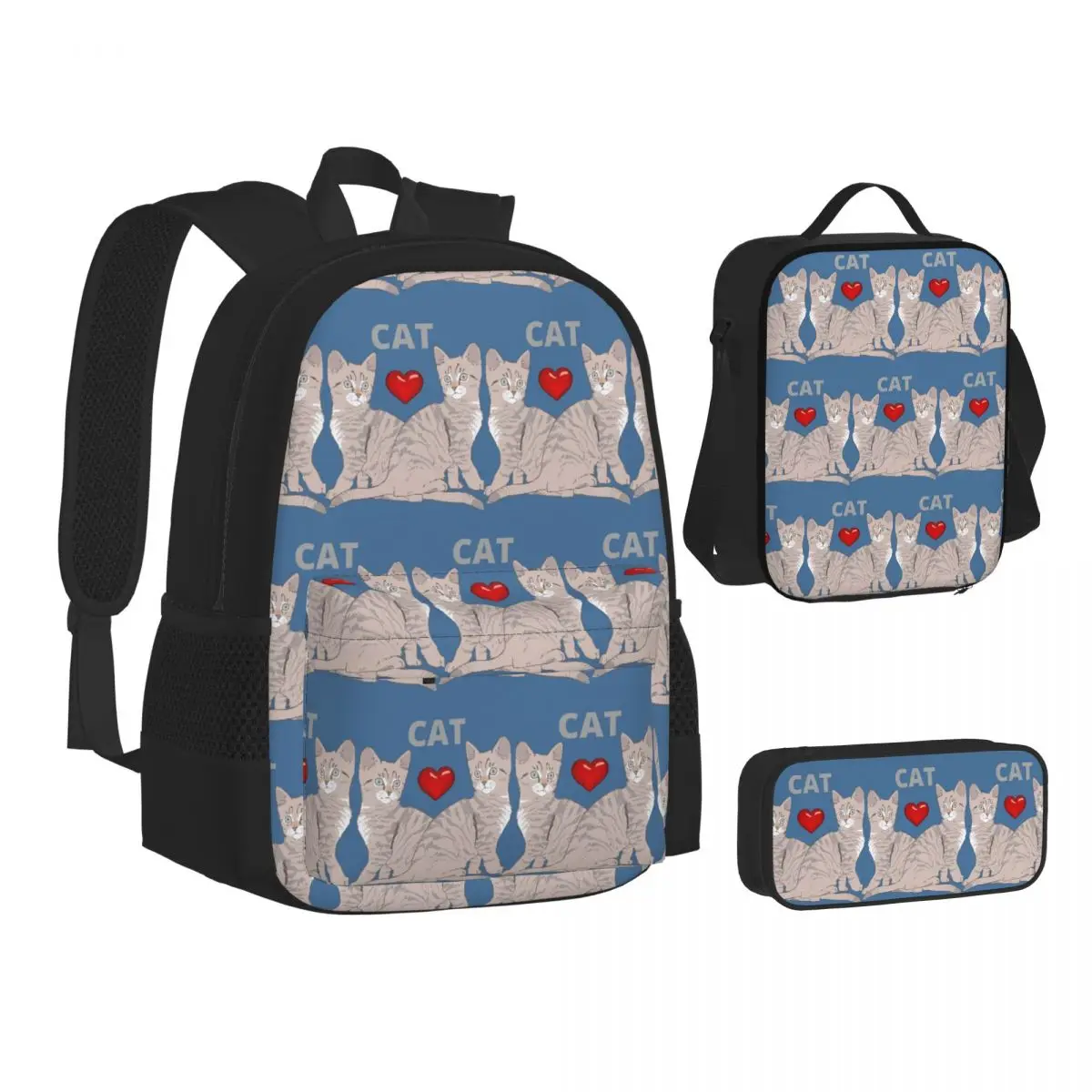 Gray Ginger And Siamese Kittens Cats Backpacks Students Bookbag School Bags Kids Rucksack Lunch Bag Pen Bag Three-Piece Set