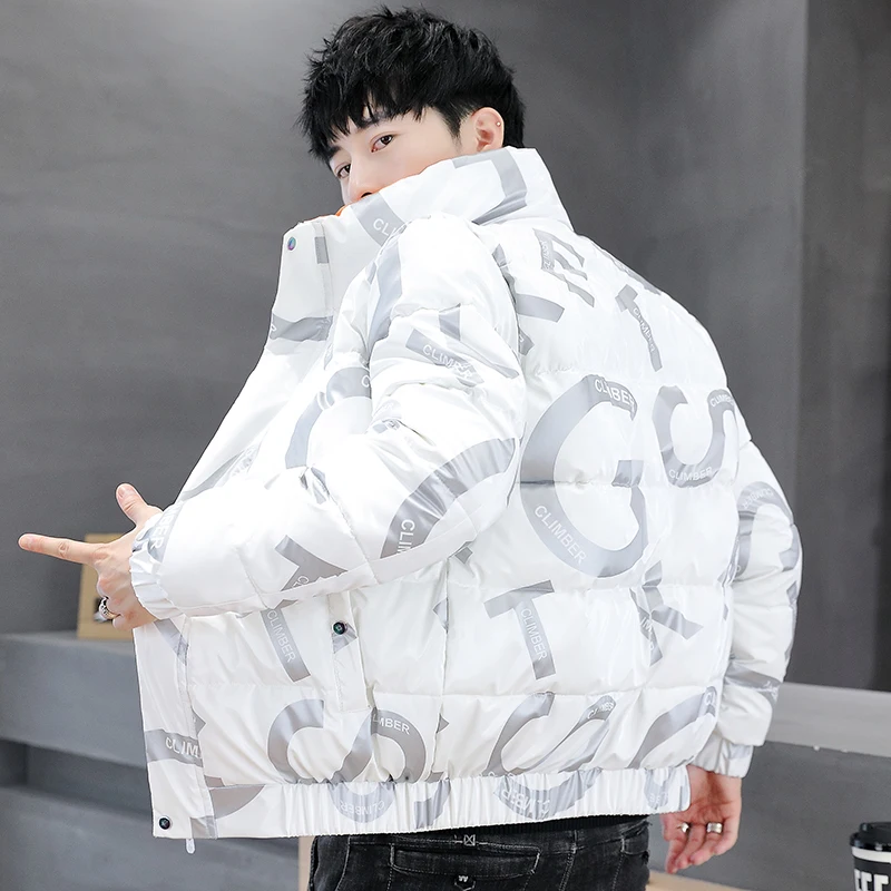 2023 Autumn Winter Shiny Down Cotton Padded Jackets Men\'s Stand Collar Casual Warm Short Bright Parkas Youth Outwear Thick Coats