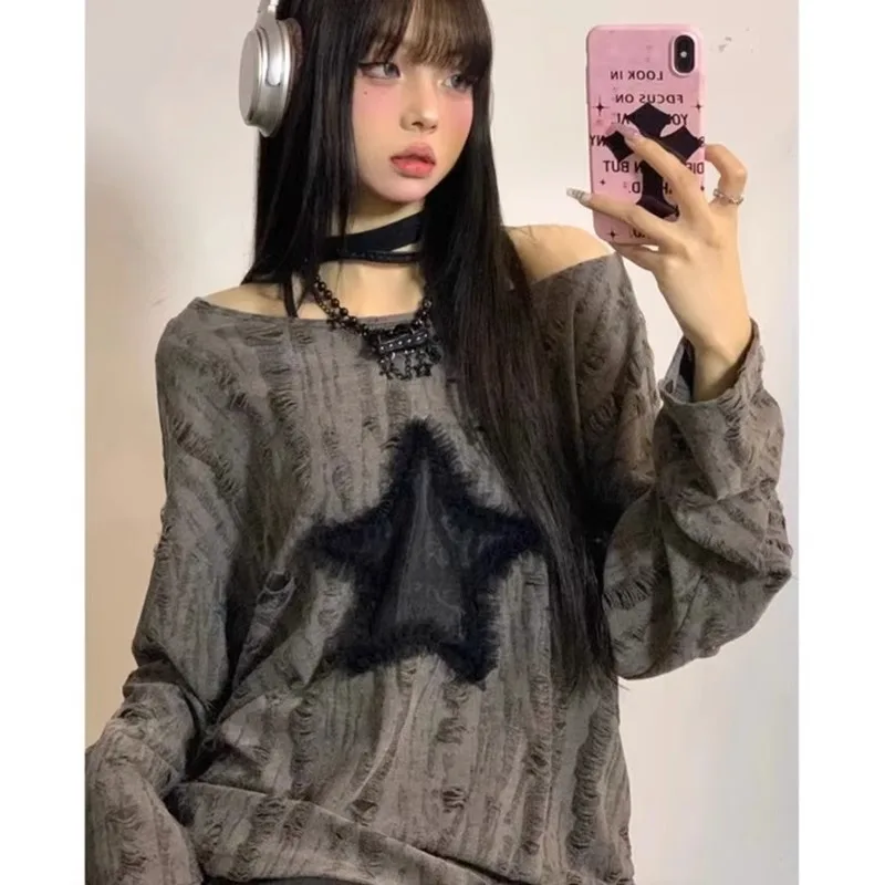 2024 Autumn Women New Y2K Hole Star Print Sweater Fashion Streetwear Off Shoulder Tops Oversize  Kpop Long Sleeve Loose Outwear