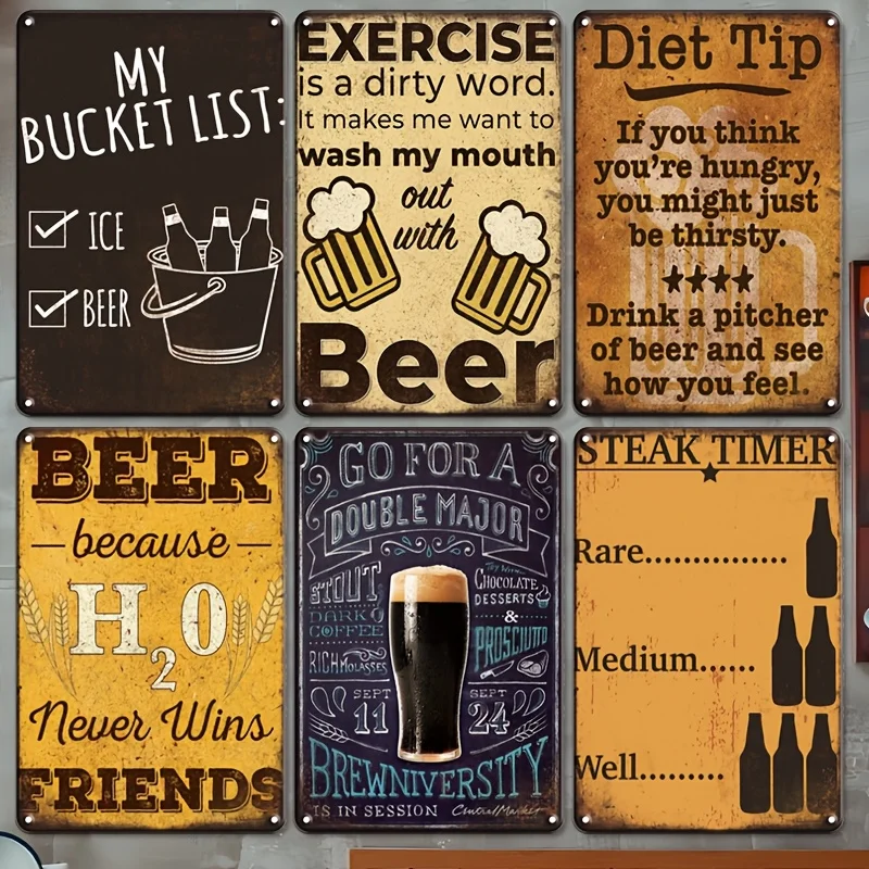 6pcs Set, 6pcs Metal Sign Set, Bar Sign, Metal Iron Plate Garage Decor, for Man Cave Bar Pub Art Wall Decor, Metal Poster Decora