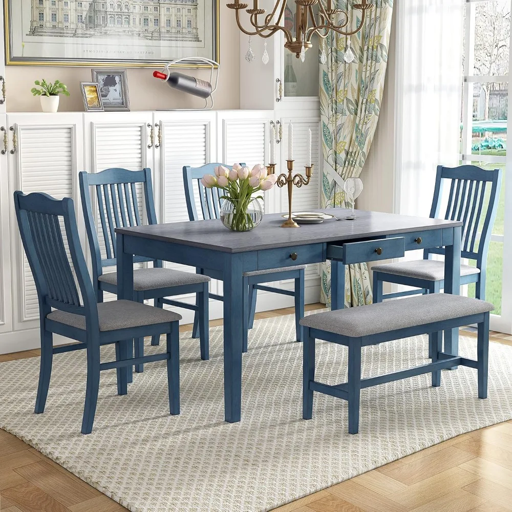 Dining Tables, Mid-Century 6-Piece Wood Dining Table Set with Drawer, 4 Upholstered Chairs and Bench,  Dining Tables