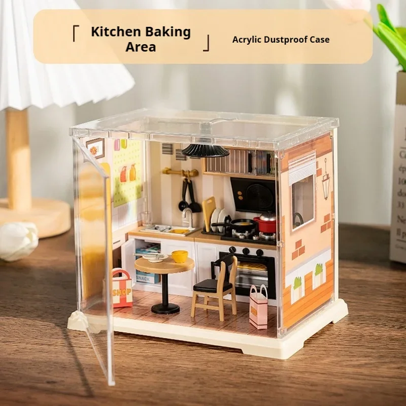 Creative DIY Mini Kitchen Dollhouse Miniature Room Model Assembly Craft Kit Desktop Decor Ornament Gift for Craft Lovers