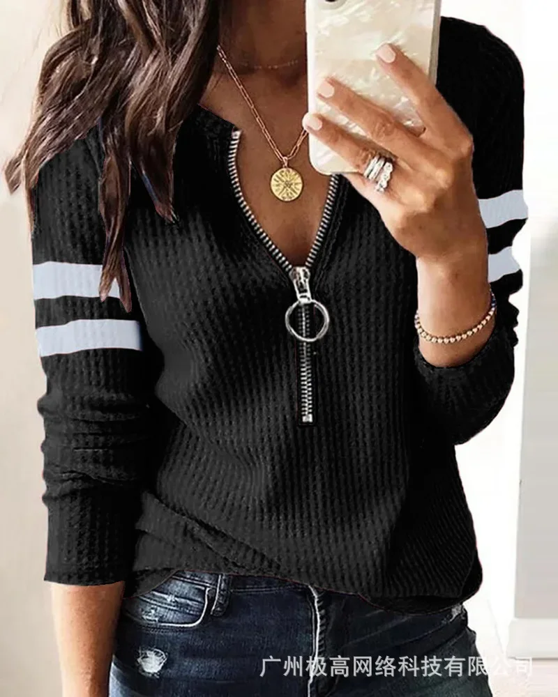 Women V Neck Fashion Casual Pullover Striped Print Zipper Front Long Sleeve Top Tops