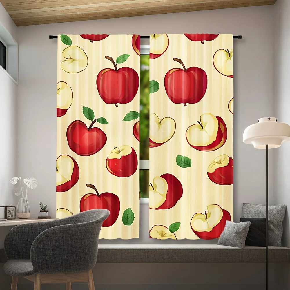 Red Apple Fruit Print Curtains, Cute Cartoon Food Pattern Blackout Drapes for Kitchen, Fresh Farmhouse Style Home Decor