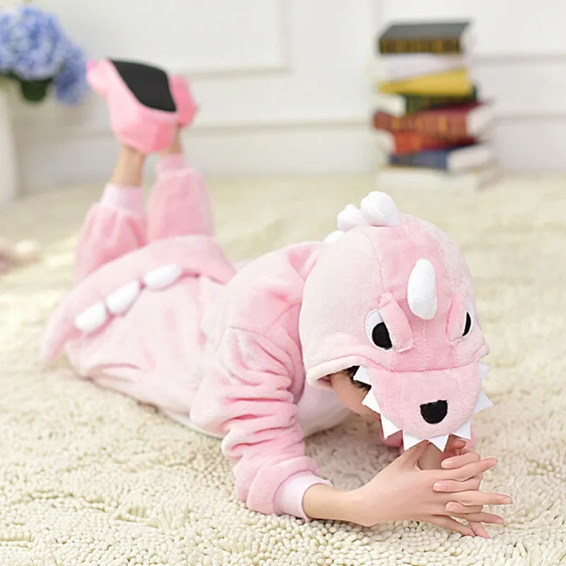 Red Dinosaur Kigurumi Onesie Pajamas Set Animal Cosplay Costume Pink Cute Winter Warm Soft Flannel Jumpsuit Children Party Wear