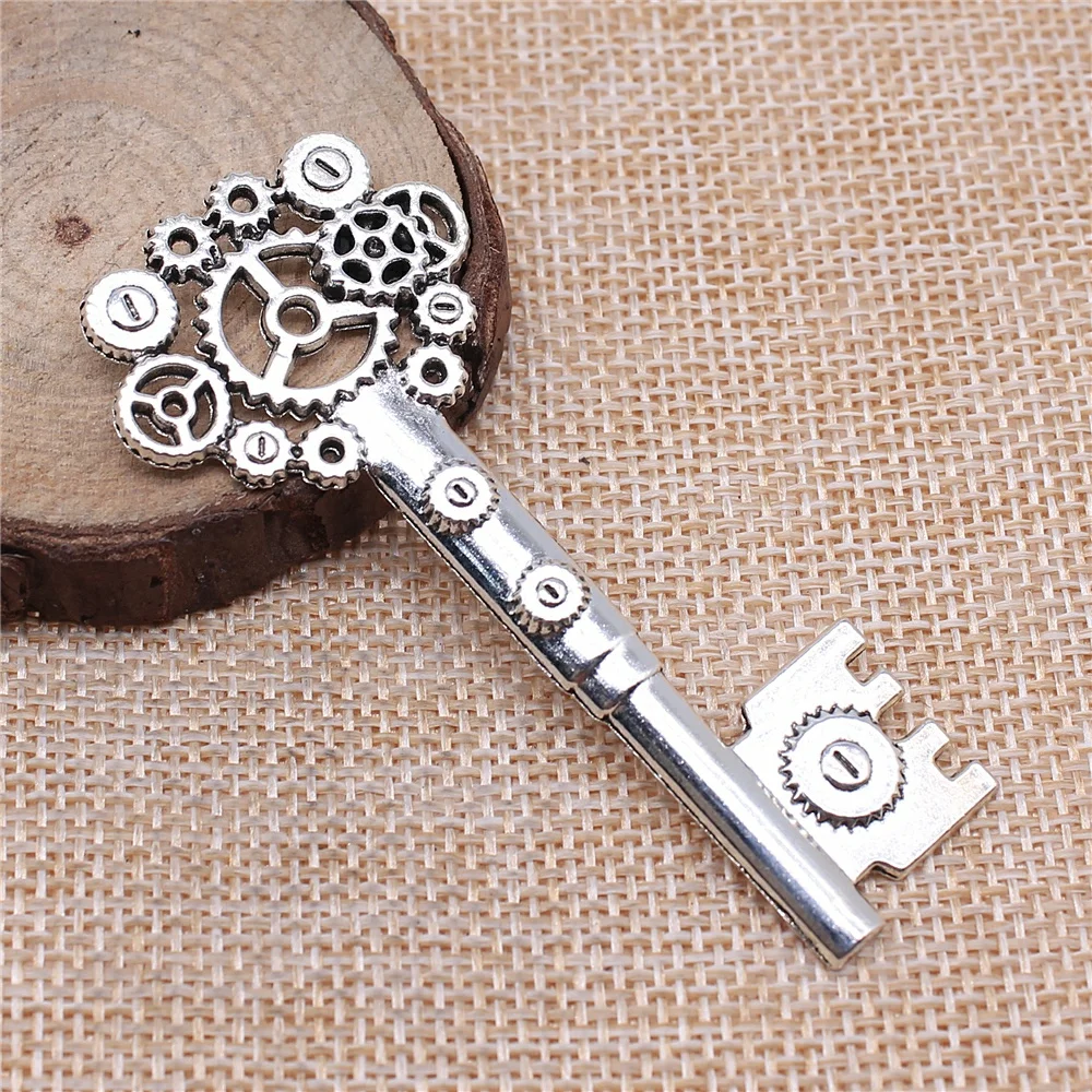 WYSIWYG 2pcs 32x72mm Vintage Charms Hollow Steampunk Gear Key Pendant 2 Colors Fit Bracelets DIY Metal Jewelry Making